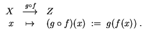 $ \mbox{$\displaystyle
\begin{array}{rcl}
X & \begin{picture}(20,16)
\put( 0, ...
...ure} & Z \\
x & \mapsto & (g\circ f)(x) \; :=\; g(f(x))\; .\\
\end{array}$}$