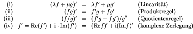 $ \mbox{$\displaystyle
\begin{array}{rrcll}
{\mbox{(i)}} & (\lambda f+\mu g)' &...
...rm{i}({\operatorname{Im}}f)' & {\mbox{(komplexe Zerlegung)}} \\
\end{array}$}$
