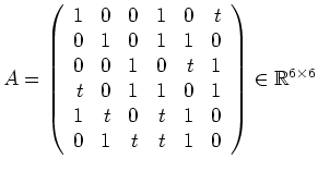 $ \mbox{$A =
\left(
\begin{array}{rrrrrr}
1 & 0 & 0& 1& 0& t \\
0 & 1 & 0& ...
...& 0 \\
0 & 1 & t& t& 1& 0 \\
\end{array}\right)\in\mathbb{R}^{6\times 6}$}$