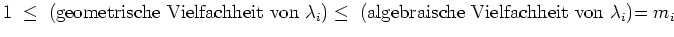 $ \mbox{$1 \;\leq\; \text{(geometrische Vielfachheit von }\lambda_i{$\mbox{$)$}$} \;\leq\; \text{(algebraische Vielfachheit von }\lambda_i{$\mbox{$)$}$}=m_i$}$