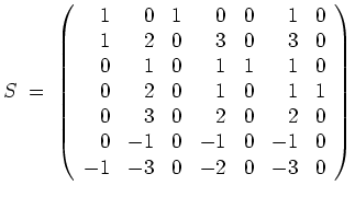 $ \mbox{$\displaystyle
S \; =\;
\left(
\begin{array}{rrrrrrr}
1 & 0 & 1 & 0 &...
... -1 & 0 & -1 & 0 \\
-1 & -3 & 0 & -2 & 0 & -3 & 0 \\
\end{array}\right)
$}$