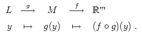 $ \mbox{$\displaystyle
\begin{array}{rcccl}
L &\overset{g} {\longrightarrow}& M...
...}^m\vspace*{2mm}\\
y &\mapsto & g(y) &\mapsto& (f\circ g)(y)\;.
\end{array}$}$