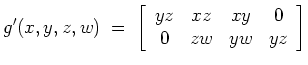$ \mbox{$\displaystyle
g'(x,y,z,w) \;=\;
\left[
\begin{array}{cccc}
yz & xz & xy & 0 \\
0 & zw & yw & yz \\
\end{array}\right]
$}$