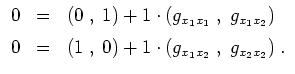 $ \mbox{$\displaystyle
\begin{array}{rcl}
0 &=& (0\;,\; 1)+1\cdot(g_{x_1x_1}\;,...
...e*{2mm}\\
0 &=& (1\;,\; 0)+1\cdot(g_{x_1x_2}\;,\;g_{x_2x_2})\;.
\end{array}$}$