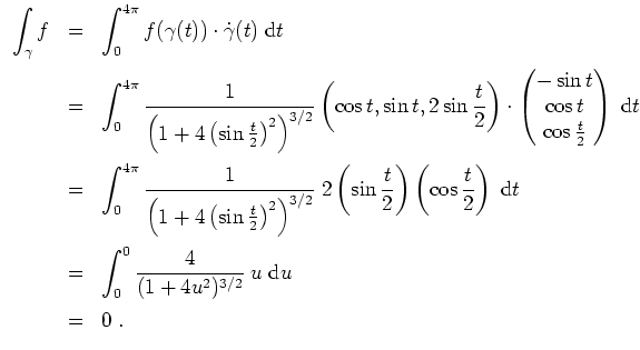 $ \mbox{$\displaystyle
\begin{array}{rcl}
\displaystyle\int_\gamma f
&=& \displ...
...\frac{4}{(1+4u^2)^{3/2}}\; u\;\text{d}u\vspace*{2mm}\\
&=& 0\;.
\end{array}$}$