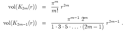 $ \mbox{$\displaystyle
\begin{array}{rcl}
\text{vol}(K_{2m}(r)) & = & \dfrac{\p...
...^{m-1}\ 2^m}{1\cdot 3\cdot 5\cdot\ldots\cdot (2m-1)}\ r^{2m-1}\ .
\end{array}$}$