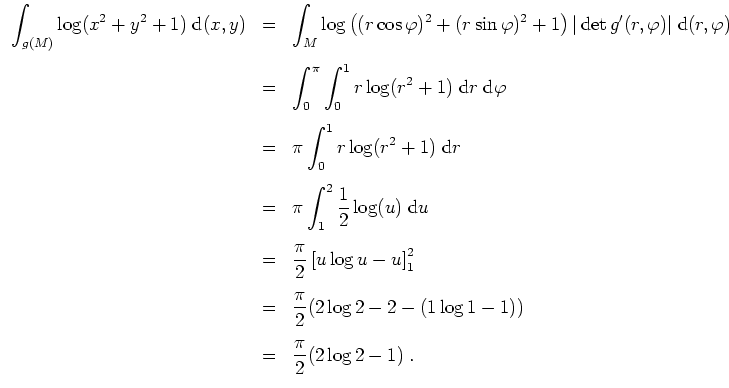 $ \mbox{$\displaystyle
\begin{array}{rcl}
\displaystyle \int_{g(M)} \log(x^2+y...
...\vspace{3mm}\\
& = & \dfrac{\pi}{2} ( 2 \log 2 - 1 ) \; . \\
\end{array}$}$