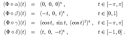 $ \mbox{$\displaystyle
\begin{array}{rcll}
(\Phi\circ\alpha)(t) &=& (0,\; 0,\; ...
...hi\circ\delta)(t) &=& (t,\; 0,\;-t)^\text{t}\; , & t\in [-1,0]\;.
\end{array}$}$