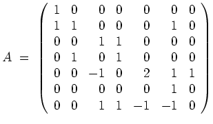 $ \mbox{$\displaystyle
A \; =\;
\left(
\begin{array}{rrrrrrr}
1 & 0 & 0 & 0 & ...
...& 0 & 0 & 0 & 1 & 0 \\
0 & 0 & 1 & 1 &-1 &-1 & 0 \\
\end{array}\right)
$}$