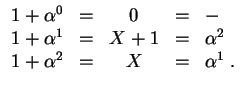 $ \mbox{$\displaystyle
\begin{array}{rcccl}
1 + \alpha^0 & = & 0 & = & - \\
1...
... & = & \alpha^2 \\
1 + \alpha^2 & = & X & = & \alpha^1\; . \\
\end{array}$}$