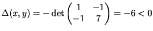 $ \mbox{$\Delta(x,y) = -\det\left(\begin{matrix}1 & -1 \\  -1 & 7\end{matrix}\right) = -6 < 0$}$